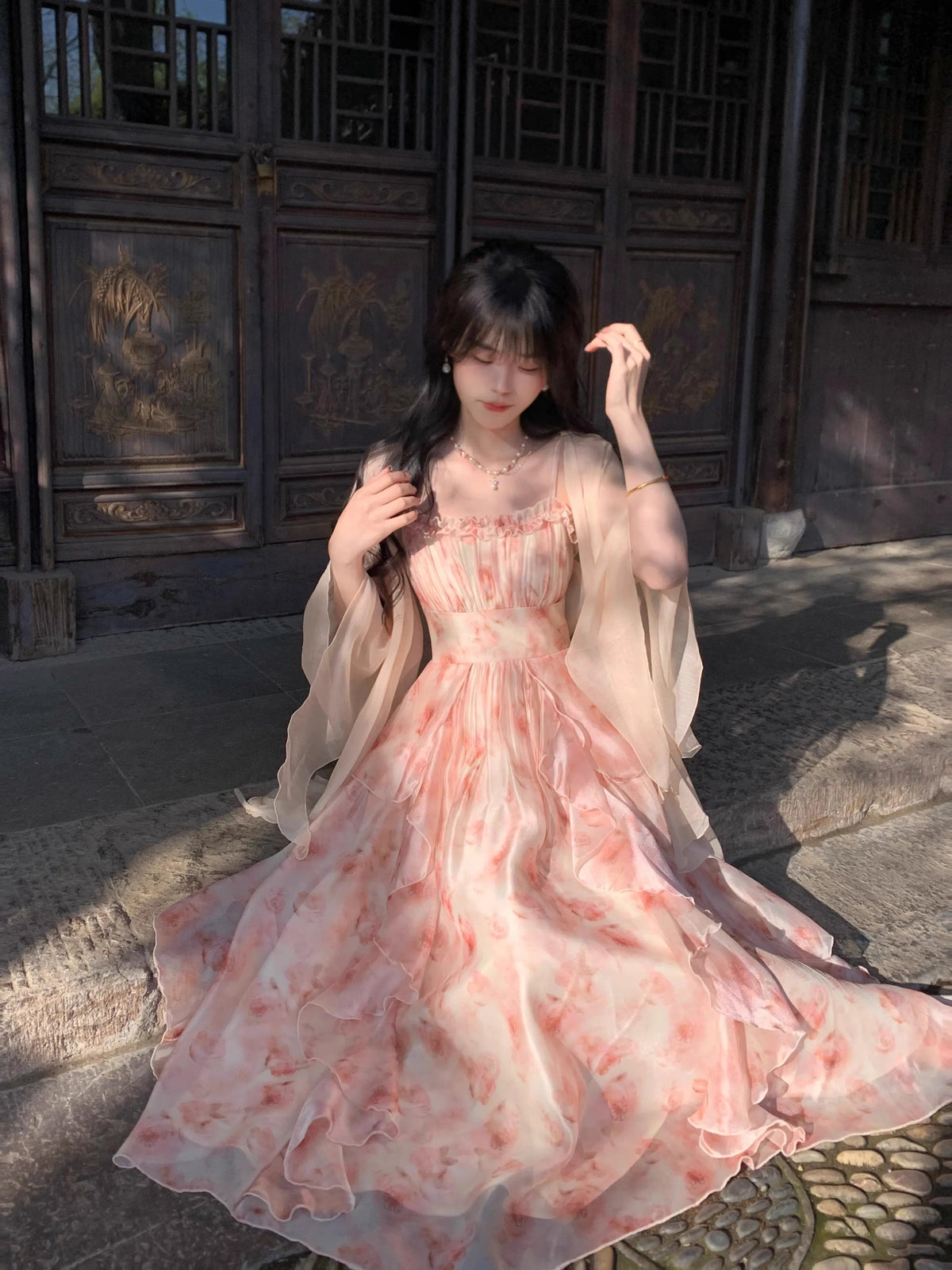 2025 Summer New Floral Printed Suspenders Dress Slim Women Holiday Beach Dress Korean Sleeveless Long Camisole Chiffon Dress