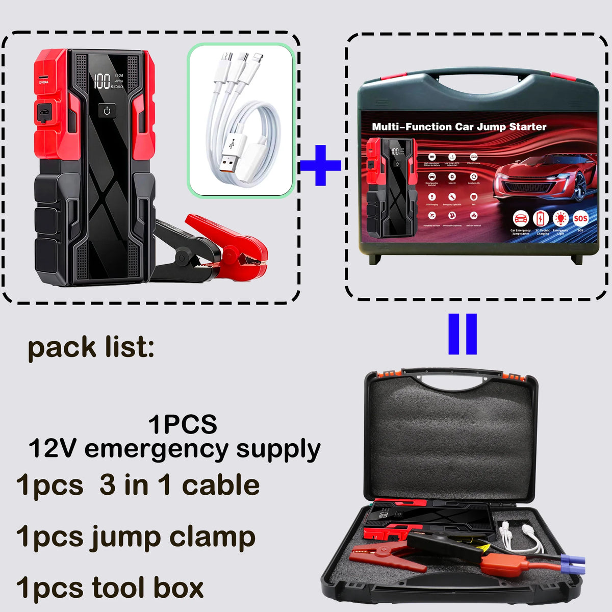 12V Car Jump Starter , 3000A Peak 99800mAh Portable Power Bank ,12V Auto Battery Booster with LCD Display, Emergency LED Light