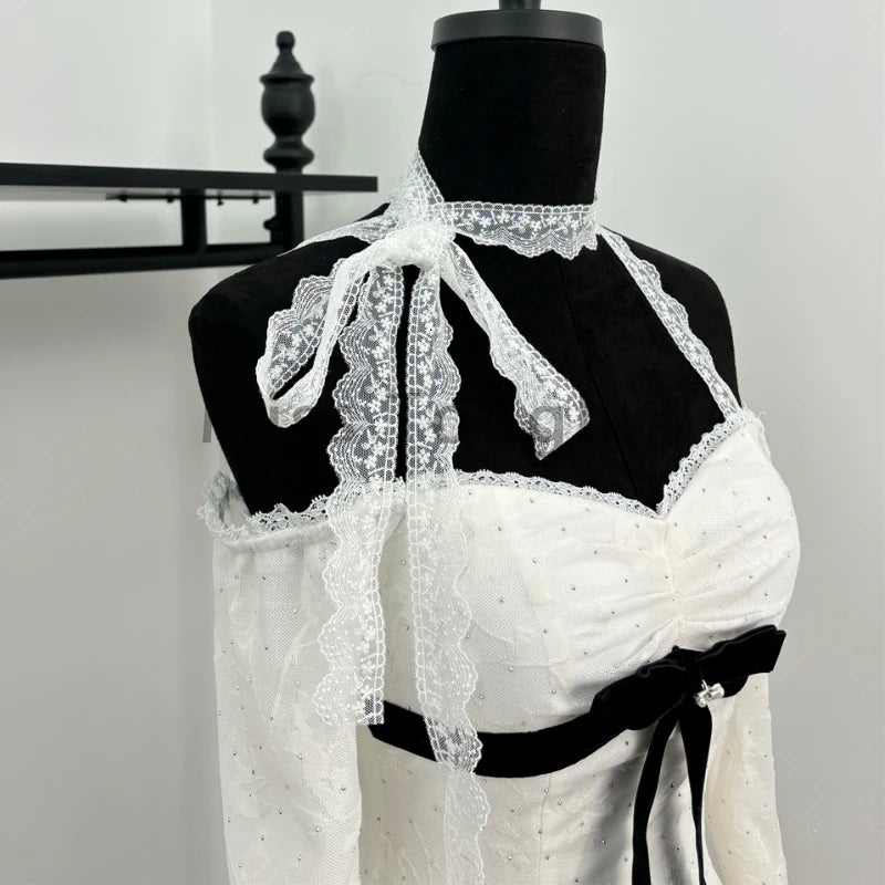 Autumn Japanese Lolita Kawaii Sexy Elegant Dress Woman Bow Y2k Design Vintage Short Party Mini Dress Female Lace Chic Clothing