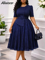 Mlaiscsr Classy Pink Mid Dress for Women Puff Sleeve A-Line Belted Waist Buttoned Top Floral Lace Overlay Dresses Brunch Church