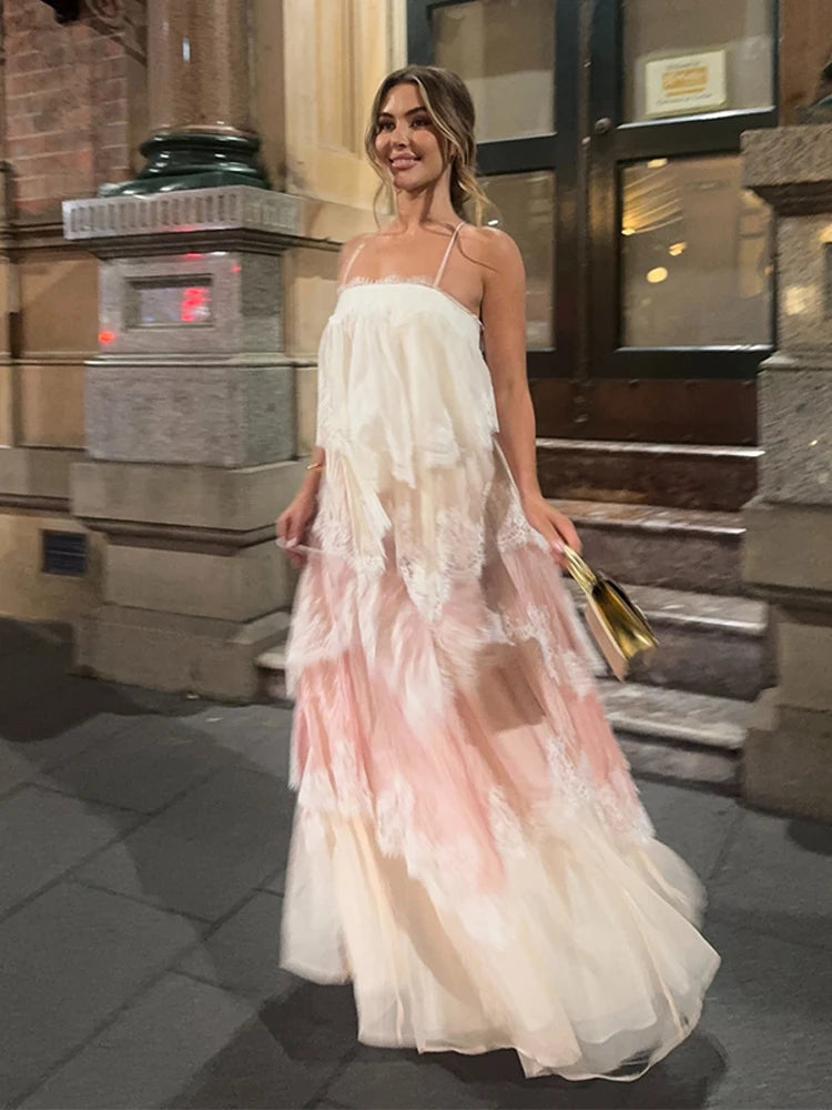Chic Lace Patchwork Layered Sling Dress Women Sleeveless A-line Long Dresses Female Sweet Elegant Summer Party Lady Vestidos