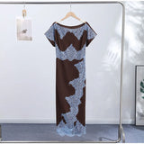 Elegant Lace Patchwork Long Women's Dress Urban Skew-collar Short Sleeve Empire Female Dresses 2026 Summer Vacation Lady Robe