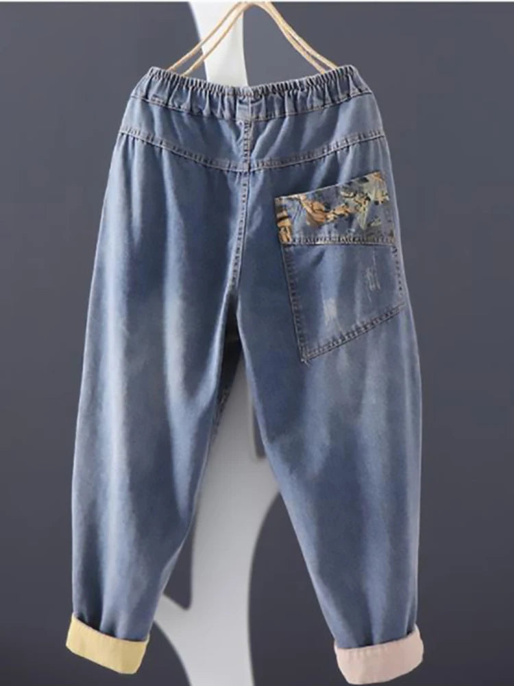 Women's Casual Boyfriend Baggy Jeans Fashion Vintage Style Patchwork Streetwear Female Denim Pants Loose Versatile Harem Trouser