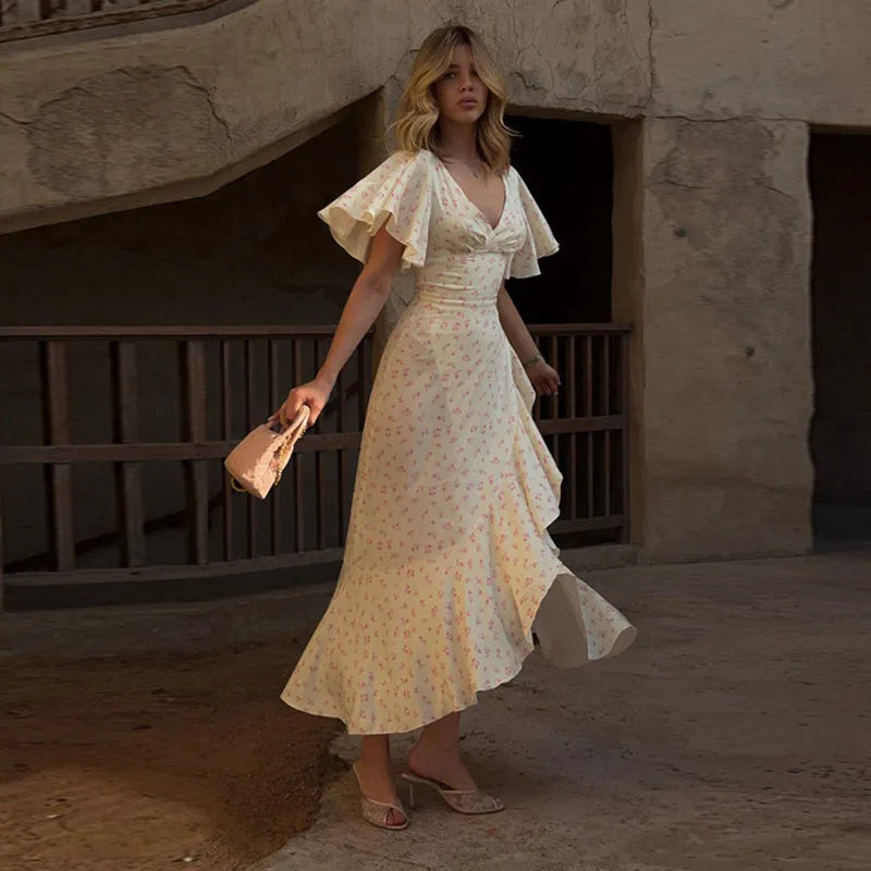 Floral Print 2026 Summer Lady Sexy V-neck Ruffles Short Flare Sleeve Split Midi Dresses Women's Slim High Waisted Party Vestidos
