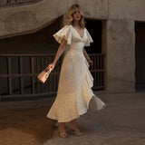 Floral Print 2026 Summer Lady Sexy V-neck Ruffles Short Flare Sleeve Split Midi Dresses Women's Slim High Waisted Party Vestidos
