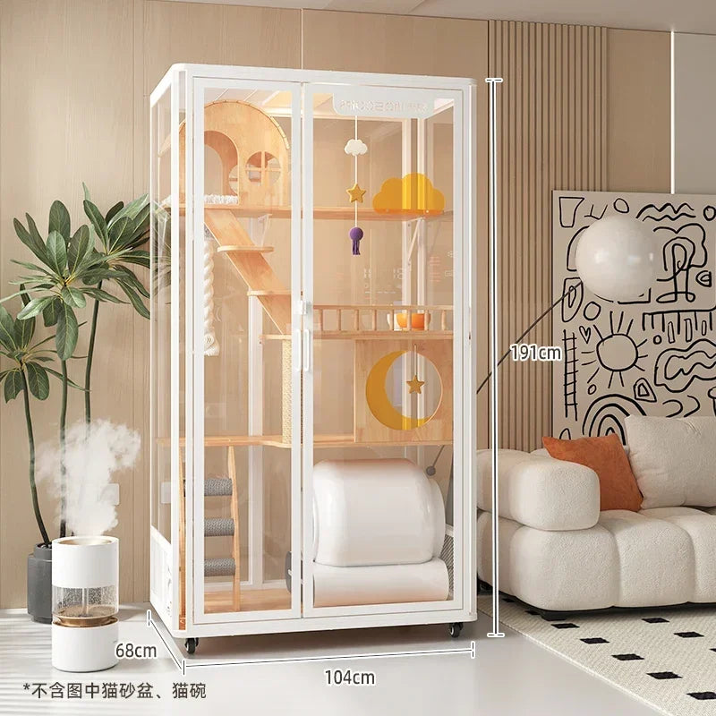 Villa Luxury Large Glass Cat Cabinet Solid Wood Cat House Home Indoor Cat Cage with Toilet