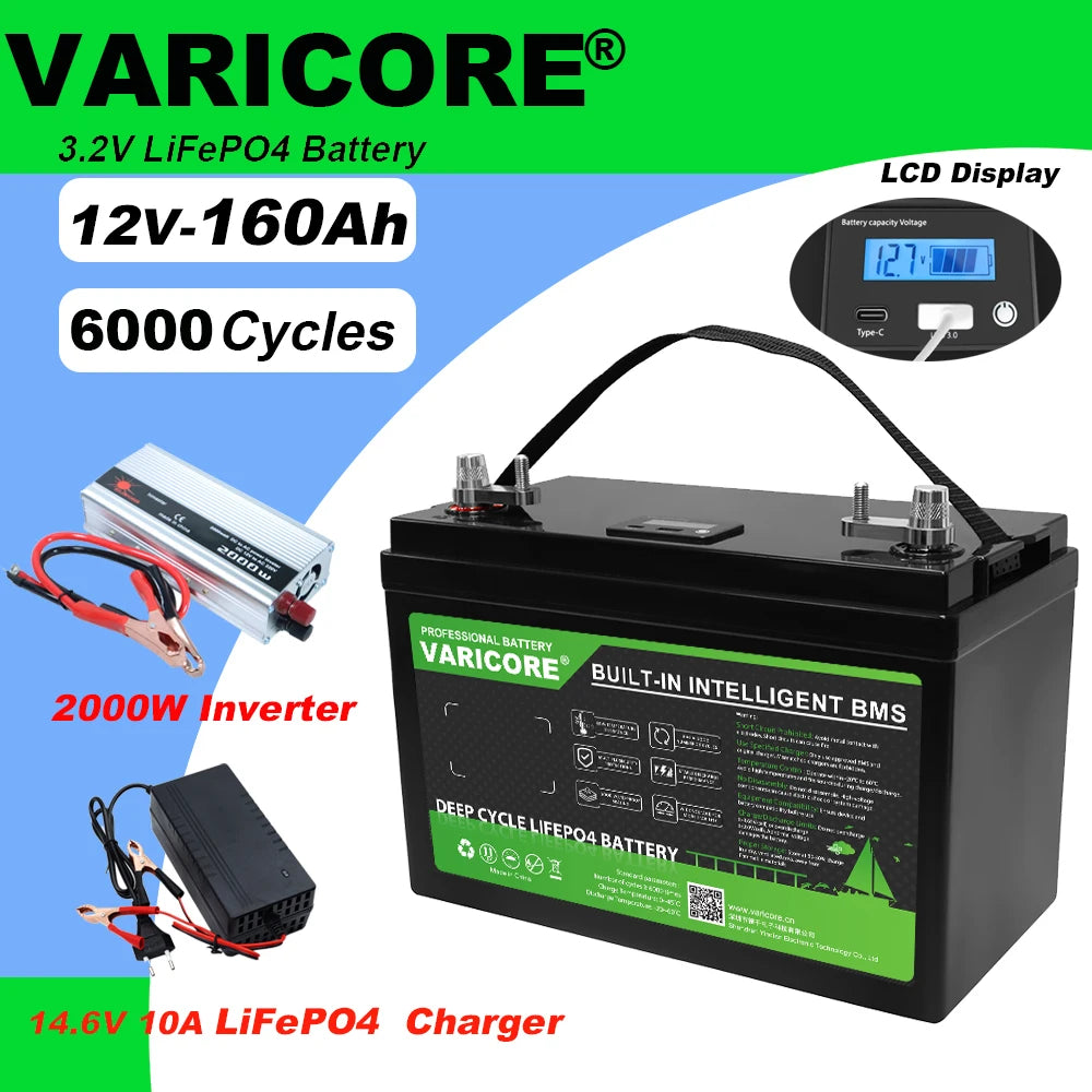 12V/12.8v 120ah 180ah LiFePO4 Battery Outdoors Touring Car Multifunctional USB Type-C Output for Golf Cart Boat 14.6v Charger