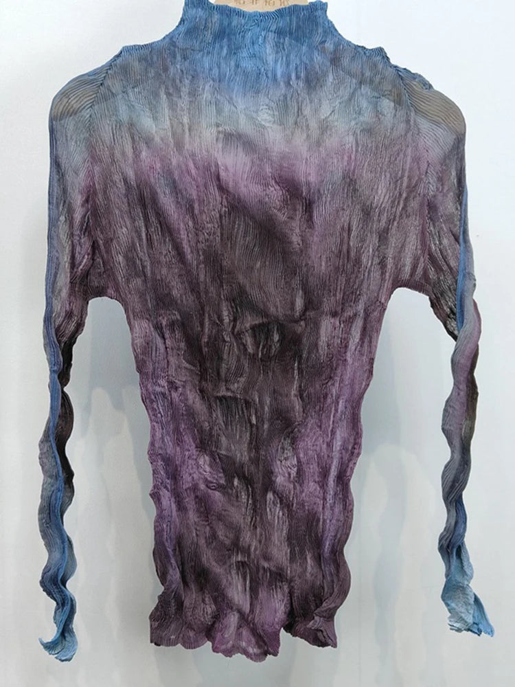 LANMREM Pleated T-shirt Women Long Sleeve Light Base Shirt Fashion Gradient Personality Versatile Tops 2025 Spring Summer 2DE446