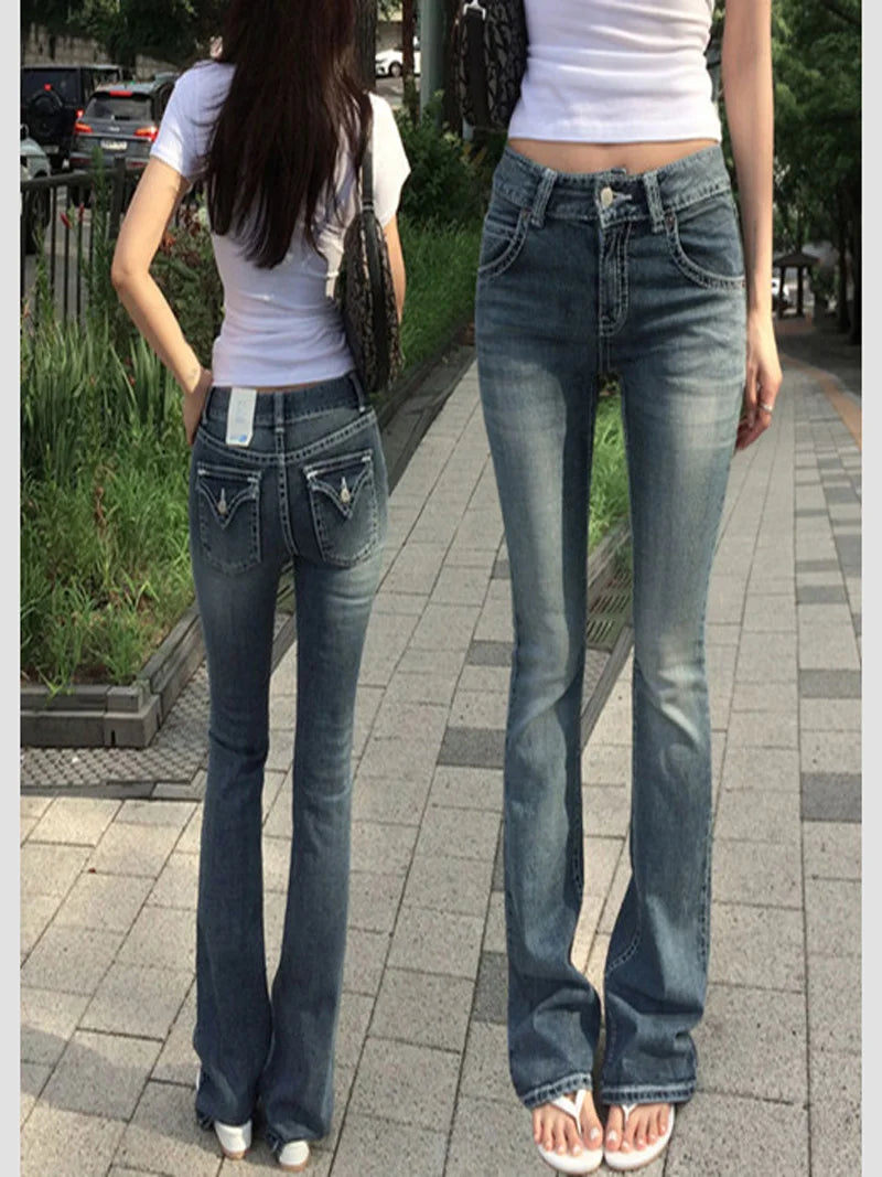 Gothic Buddha Head Womens Jeans Y2K Clothes Hip Hop Pocket Embroidery Vintage Blue Baggy Jeans Low Waist Wide Leg Trousers