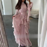 Fashion High Waist Pleat Party Dress Lady Casual High Collar Layered Banquet Dress Elegant Long Sleeve Solid Color Evening Dress