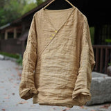 Johnature Women Vintage T-Shirts Striped Tees 2026 Spring New Chinese Style V-Neck Long Sleeve Button Loose Female T-Shirts