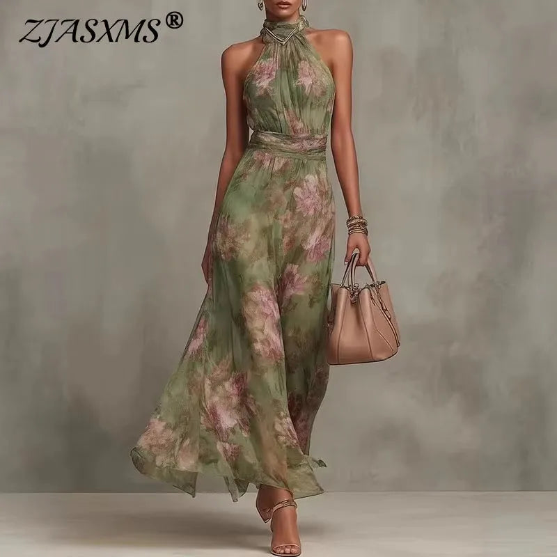 Elegant Halter Off Shoulder Hollow Party Dresses Woman Spring Floral Print Chiffon Long Dress Boho Sleeveless Summer Beach Dress