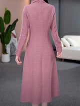 Women's Pink Cheongsam Style Woolen Dress Long Sleeve High Neck Elegant Winter Maxi Dress