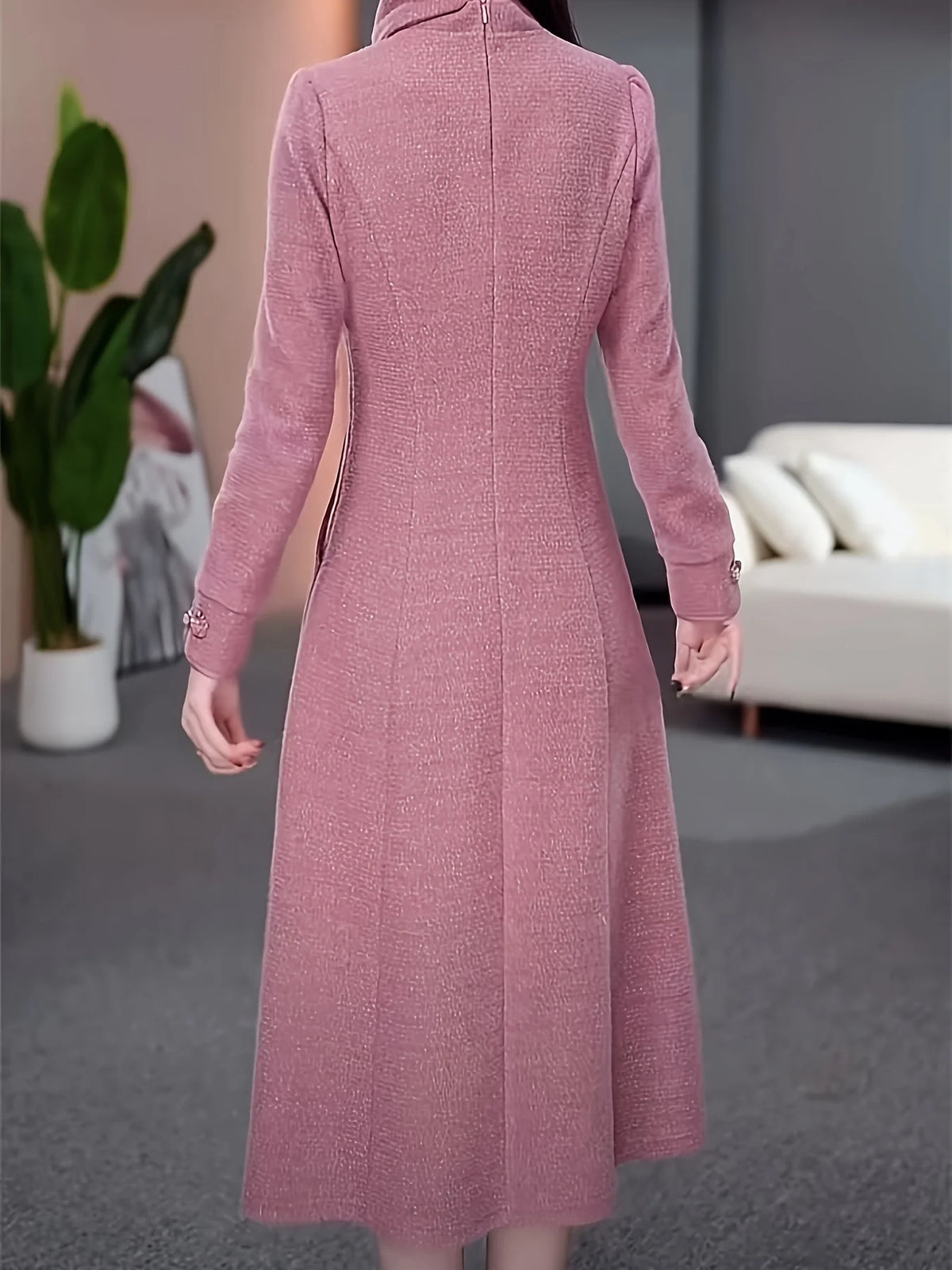 Women's Pink Cheongsam Style Woolen Dress Long Sleeve High Neck Elegant Winter Maxi Dress