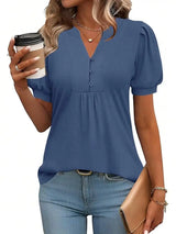 Womens Puff Sleeve V-Neck Button Front Blouse Loose Fit Casual Top