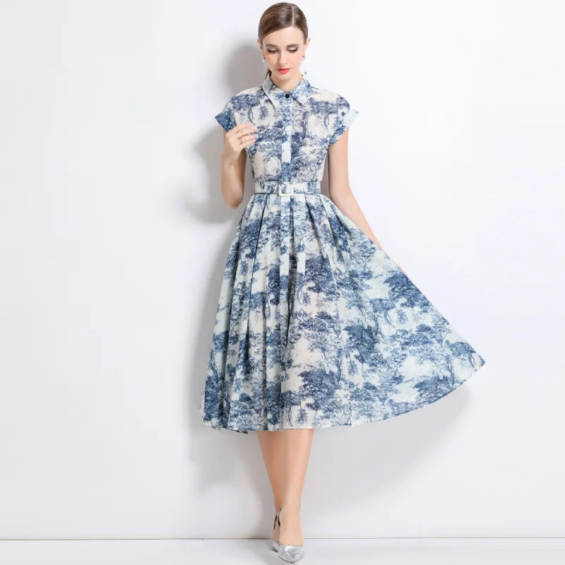 Summer 2025 New Collar Printed Short Sleeve Dress with Belt High Waist Fairy Skirt Style Cleanfit Neutral Citywalk Dress
