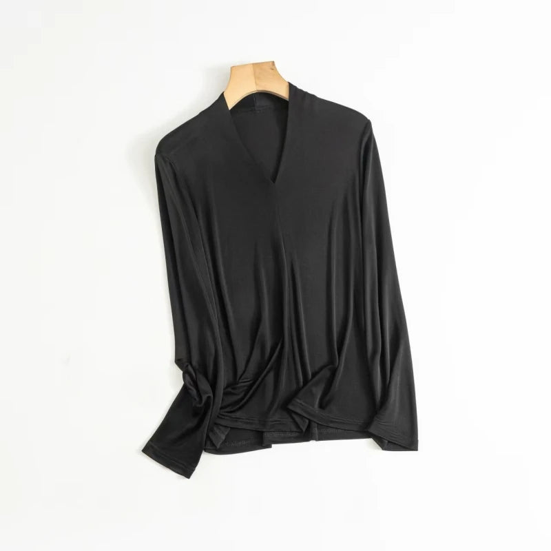 Birdtree, 20% Real Silk Solid Undershirt, Women Full Sleeve V-neck Basics Tops, Commuting Style, 2026 Autumn New Shirt T67418JF