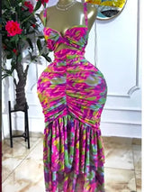 CM.YAYA 2026 Women's Tropical Floral Print Cutout Ruched Ruffle Midi Dress Summer Elegant Birthday Party Club Cocktail Dresses