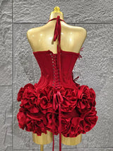 Red Color Women Sexy Halter Full Florals 2 Pieces Bodycon Mini Bandage Dress Celebrate Nightclub Party Birthday Dress