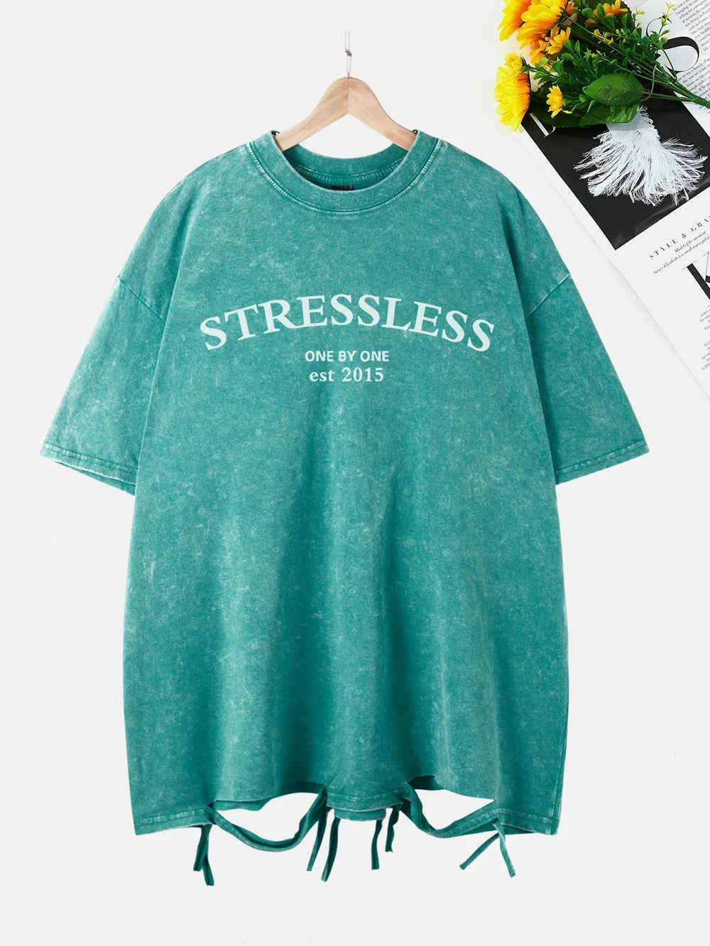 Stressless Letter Printing Washed T-Shirt Women Cottont Shirts O-Neck Oversized Acid Wash Short Sleeve Tops Casual Woman Clothes
