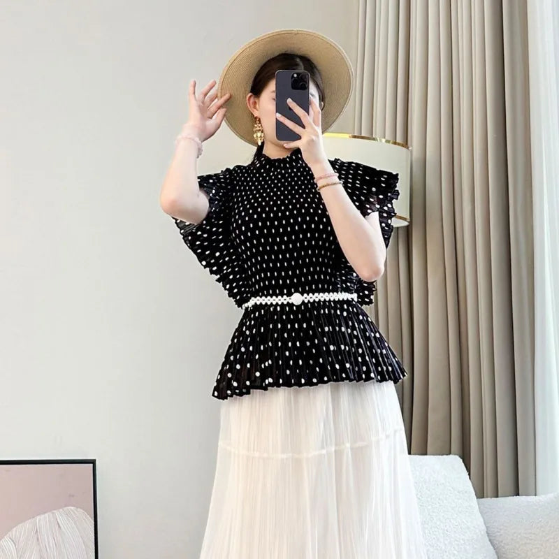 LANMREM Black Elastic Slim Dot Printting Pleated Women's T-shirt Summer Bawting Short Sleeve Stand Collar Pullover Top 2DB3375