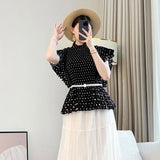 LANMREM Black Elastic Slim Dot Printting Pleated Women's T-shirt Summer Bawting Short Sleeve Stand Collar Pullover Top 2DB3375