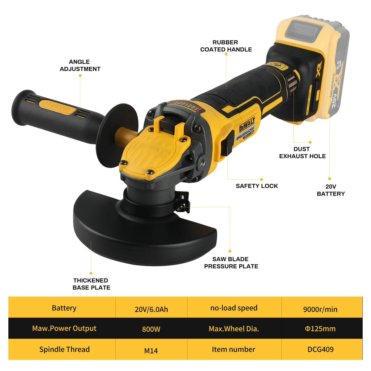 DEWALT DCG409 20V Max XR Brushless Angle Grinder Cordless Power Tool 125mm Cutting Machine Portable Rechargeable Polisher