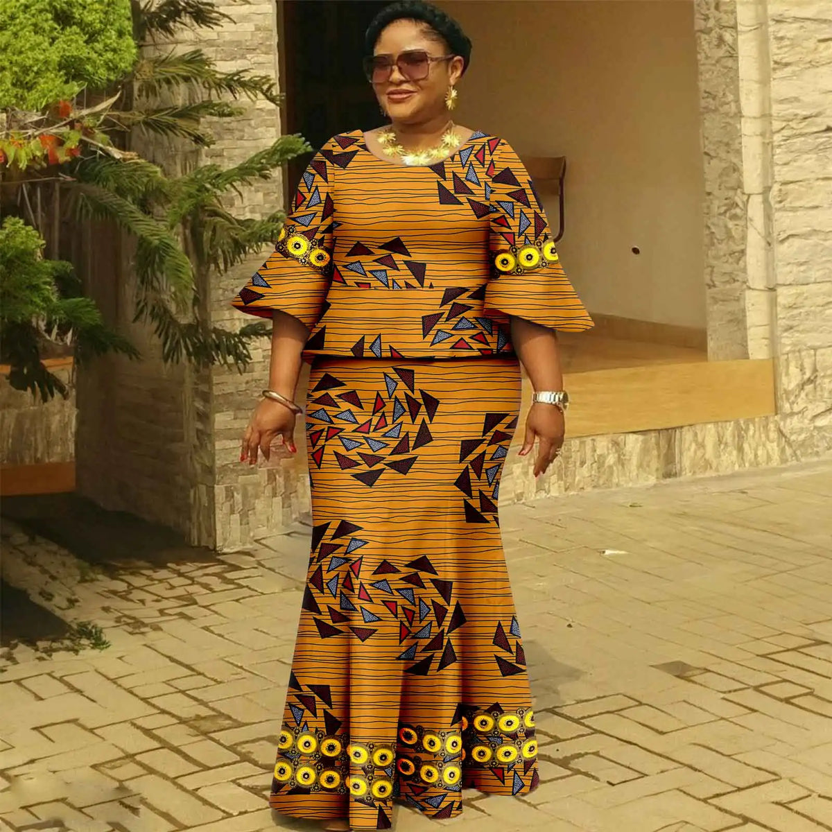 Afripride African Dresses for Woman Customized Loose Gold Ankara Printed Two Piece Flared Sleeve Fishtail Hem Dress 2425046