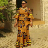Afripride African Dresses for Woman Customized Loose Gold Ankara Printed Two Piece Flared Sleeve Fishtail Hem Dress 2425046