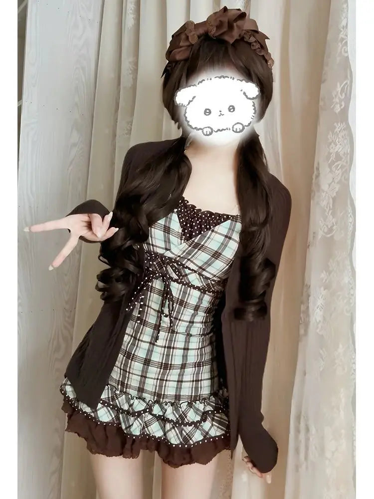 Vintage Dresses 3Piece Set Y2k 2000s Woman Clothes Hot Sweet Harajuku Coat+Plaid Top+Mini Skirt Kawaii Japanese Sexy Summer Chic