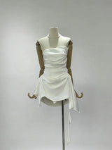 TWOTWINSTYLE Sexy Slimming Spliced Shirring Irregular Dress for Women Strapless Sleeveless Patchwork Ribbon Mini Dresses Female