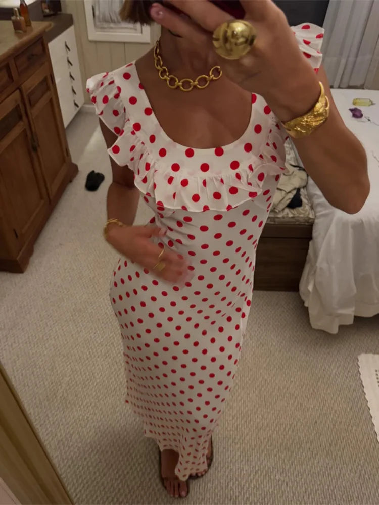 Chic Polka Dot Ruffle Trim Maxi Dress Women Elegant Sleeveless Square Neck Bodycon Maxi Dresses Lady Vacation Beach Robes 2026