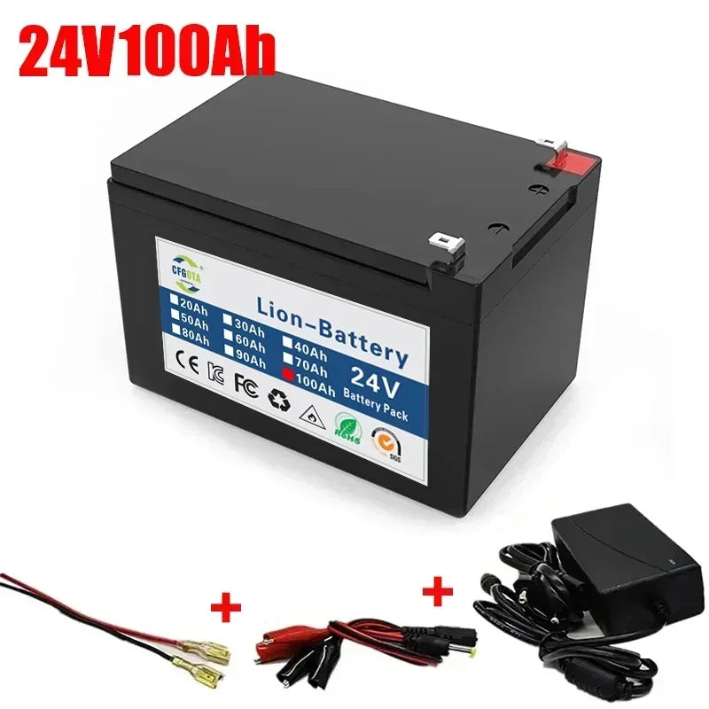 New 18650 24V 100Ah Lithium Ion Battery Pack,for Electric Vehicle Solar Storage Replacement Rechargeable Battery + Charger