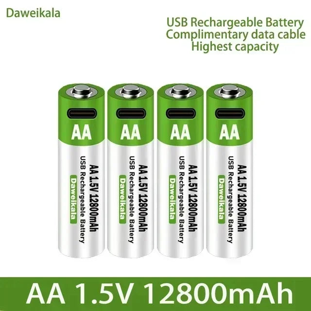 2025 High capacity 12800mAh USB AA 1.5V Li-ion Rechargeable Battery for Remote Control Mouse Electric Toy Battery + Type-C Cable