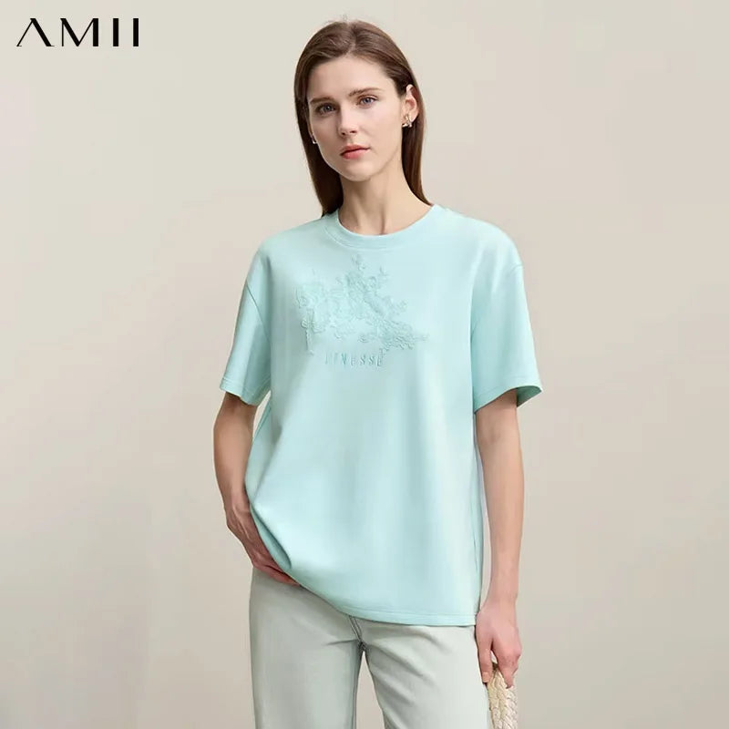 Amii Women's T-Shirt 2026 Summer New Round Neck Drop Shoulder Cotton Tee Lace Embroidered Woman Loose Fit Knit Tops 12622048