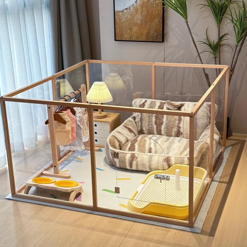Solid Wood Pet Dog Fence Indoor Free Combination Dog Fence Household Cat Cage Isolation Transparent Dog Bed Protective Fence