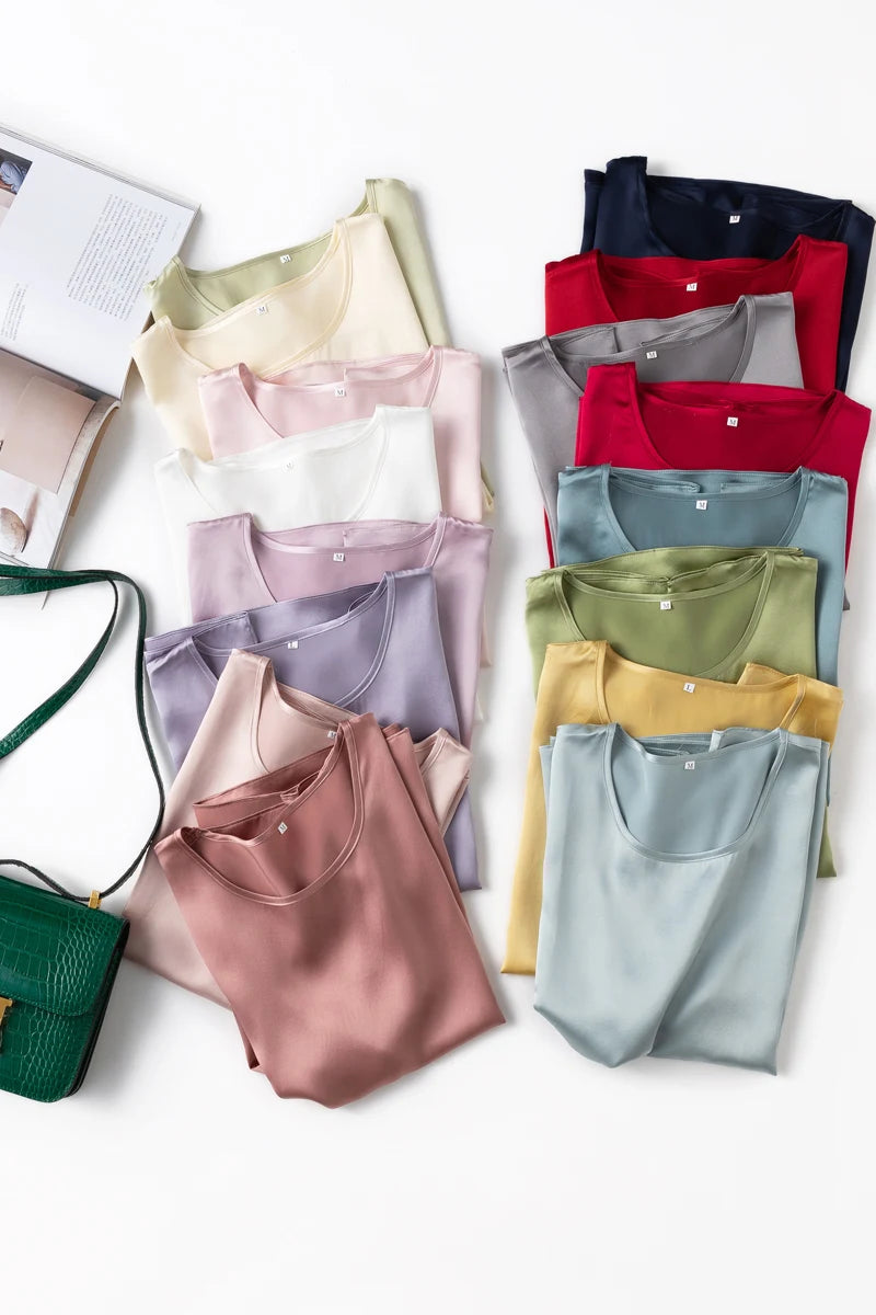 Benefits! Flowing Gem Series Basic Style Versatile Round Neck 100% Mulberry Silk Short Sleeve Silk Satin T-Shirt Top