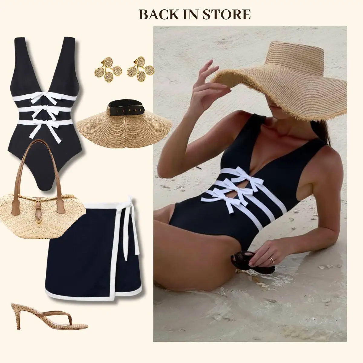Flaxmaker Bowknot Decor Black One Piece Swimsuit and Skirt 2026 Summer Women Sexy V Neck Swimwear Beachwear Biquini conjunto de