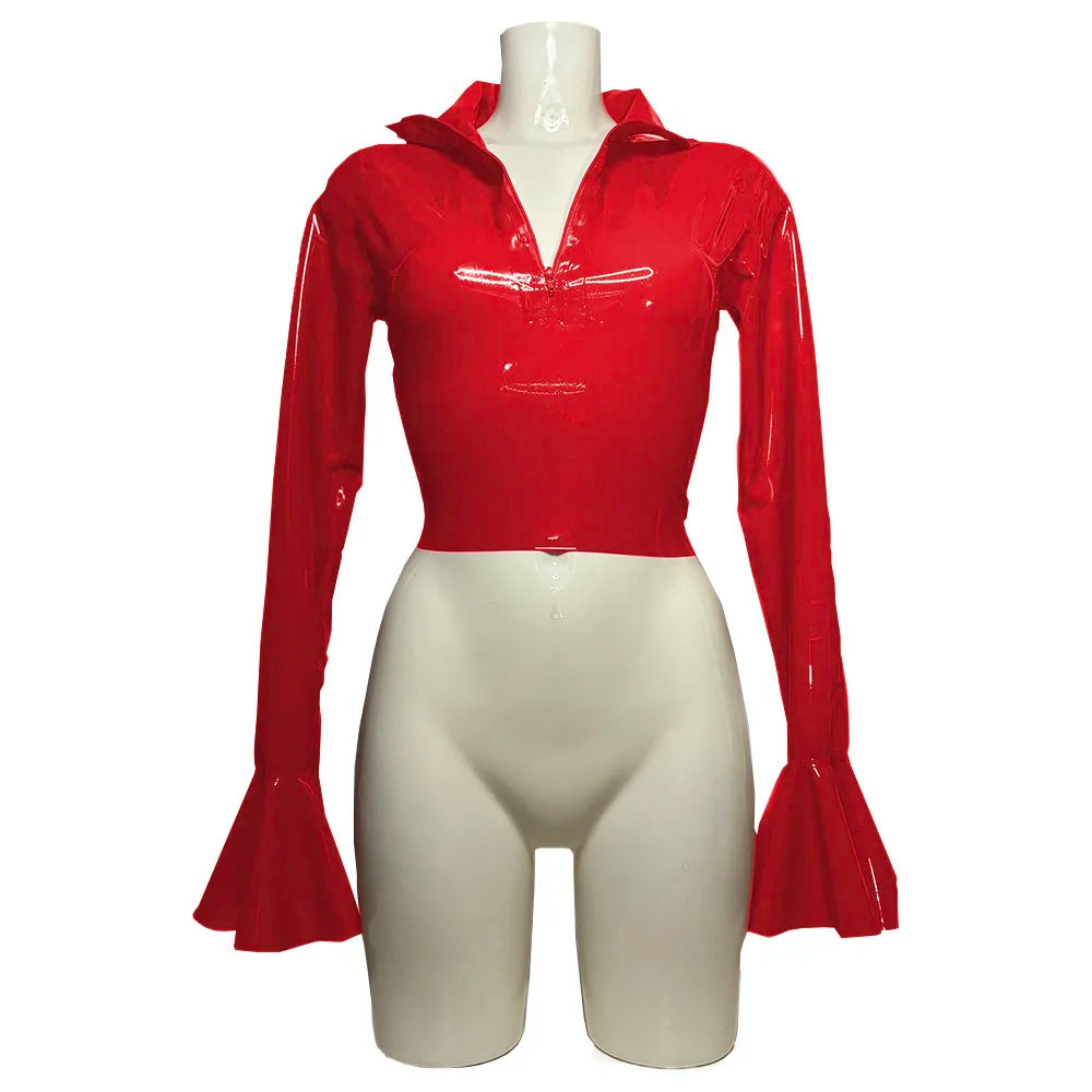 Punk Chic Flare Crop Tops,Long Sleeve,Vintage Pole Dance,Shiny PVC Leather T Shirt,Nightclub Fashion Tees,Female Pullover Blouse