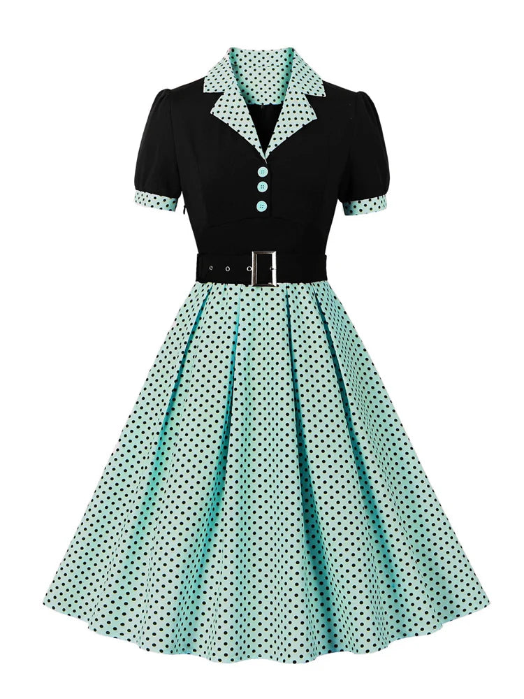 Tonval Black and Polka Dot Vintage Pleated Dresses Notched Collar 2025 Elegant Summer Women Short Sleeve Belted 50s Retro Dress