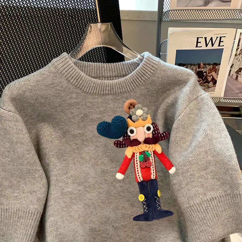 Knitted Short Sleeve Women T Shirt Korean Fashion Cartoon Knitwear Tees Female Soft O Neck Pullover Summer T Shirt