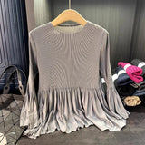 Pleated Long Sleeve T-Shirt Simple Casual Solid Color Versatile Patchwork Stretch Top Women Lightweight Stretch Clothing