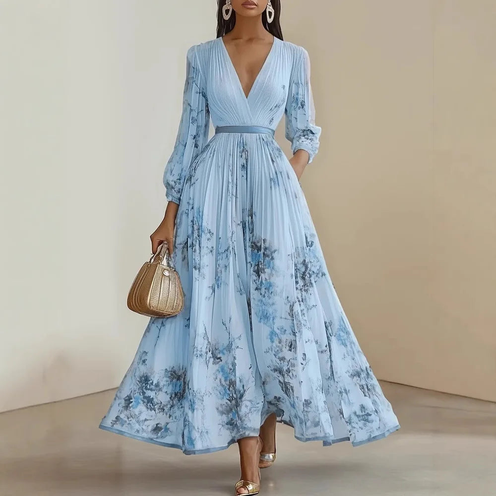 Elegant Long Sleeve Maxi Dress Women 2025 Summer Fashion Slim Floral Print V-neck Long Dresses Casual