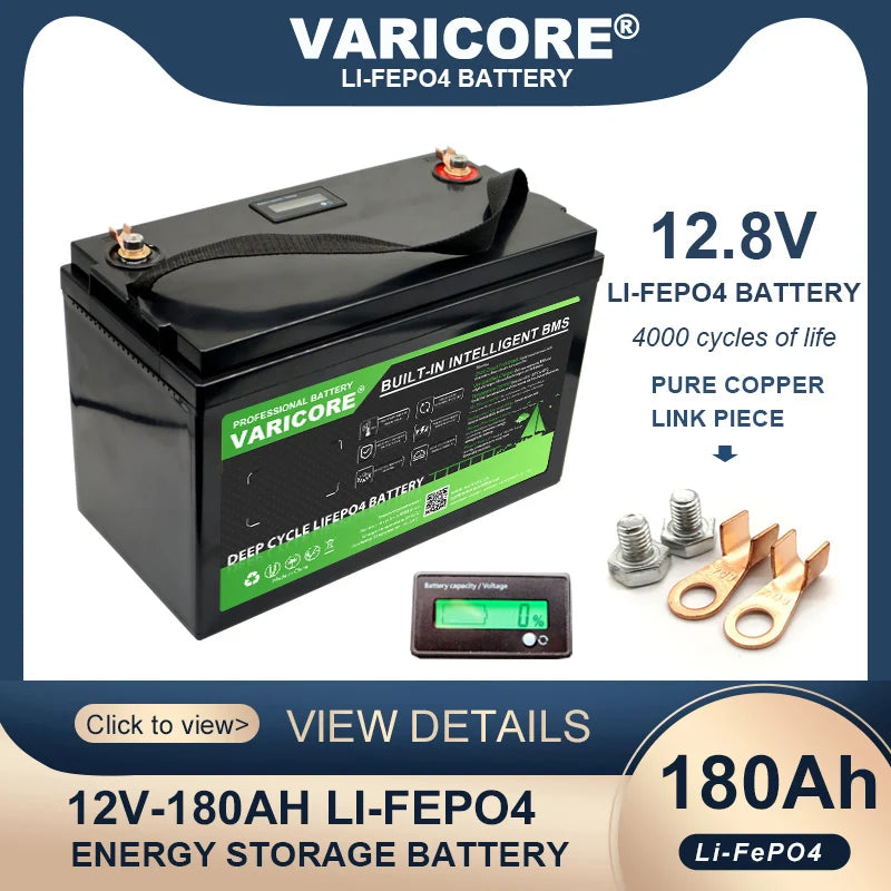 New VariCore 12.8V 180AH LCD LiFePO4 Battery Pack 12V 4Strings Lithium Batteries for Inverter Touring Car Solar 14.6V Golf Cart
