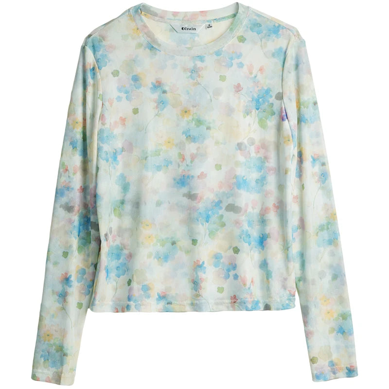 OLrain Women's Spring Mesh T-shirt Romantic Vacation Set-dye Printing Long Sleeve Top 2026 Woman Fashion Clothes O58CT003596