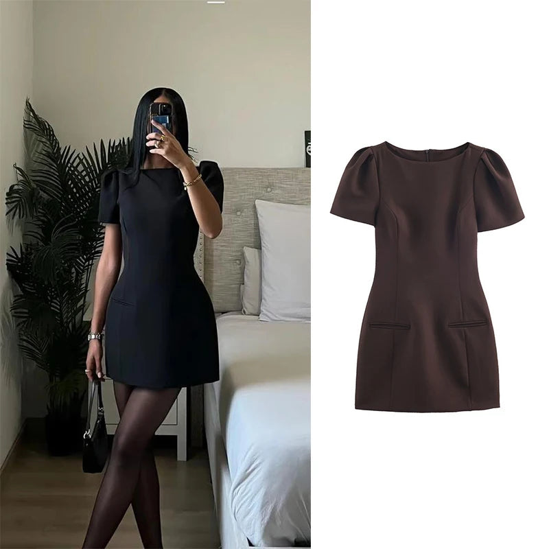 Women's Causal Puff Sleeve Party Dresses Elegant Solid Pockets A-line Slim Zipper Mini Dress Ladies Office Club Evening Outfit
