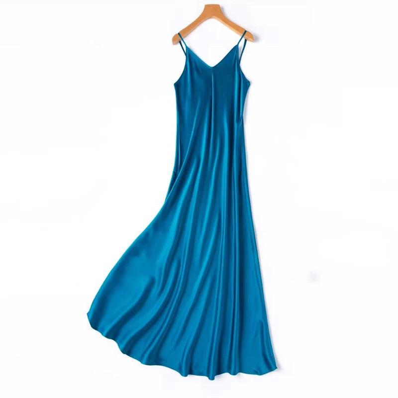 2026 Women's Fashion New 21MM 100% Natural Mulberry Silk Plain Satin Extended French Sexy Adjustable Shoulder Strap Solid Dress