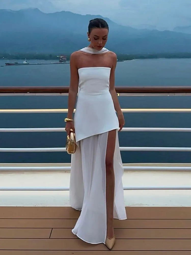 Brown Glitter Chiffon Tiered Maxi Dress Elegant One Shoulder Square Neck Flowy dresses 2026 Summer Formal Wedding Party gowns