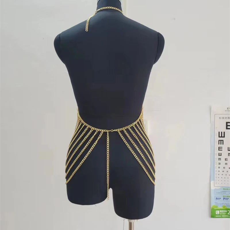 Women's Chainmail Halter Mini Dress Backless Metal Body Chain Beach Clubwear Sexy Festival Party Outfit Multi-Layered Vestidos