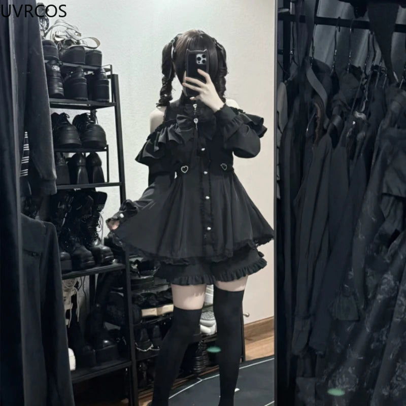 Japanese Gothic Y2k Lolita Style Bow Dress Shorts Set Women Lace Ruffles Off Shoulder Button Shirts Dress Sweet Slim Party Dress